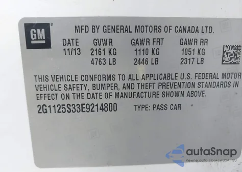 2014 Chevrolet Impala 2Lt z USA, uszkodzony, nr VIN 2G1125S33E9214800